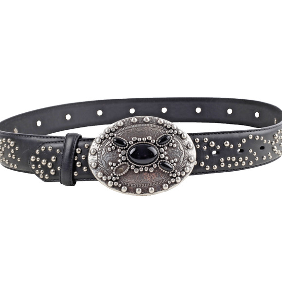 Vintage Black Leather Studded Western Big Buckle Adjustable Womens Waist Belt 36